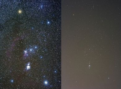 Imagem comparativa do céu com e sem poluição luminosa