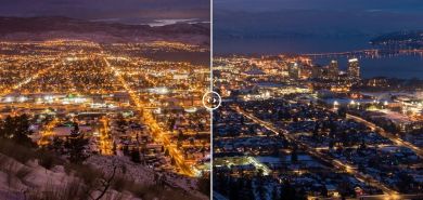 Before and after image of city and light pollution Before and after image of city and light pollution